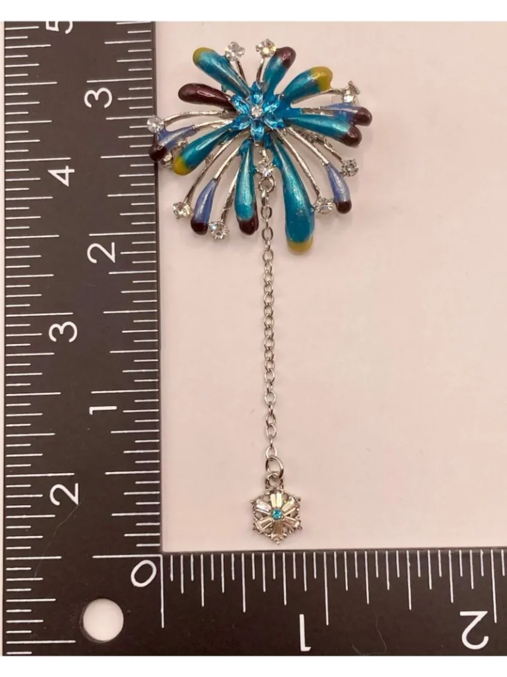 Colorful Flower or Firework Brooch Rhinestones & Dangling Charm Blue Purple -36B